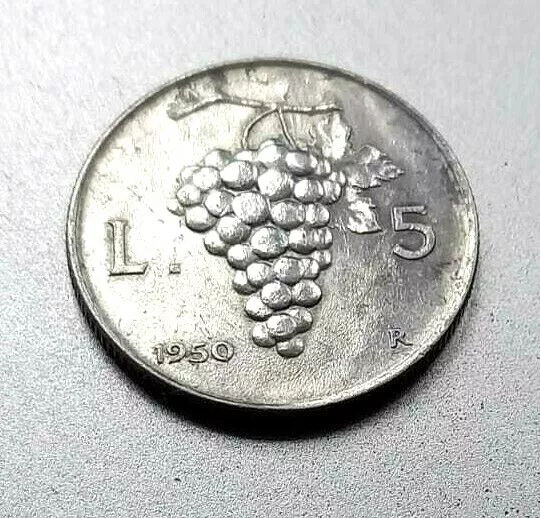 Italien 5 Lire, 1950, Sehr seltene Münze! TRAUBEN MOTIV