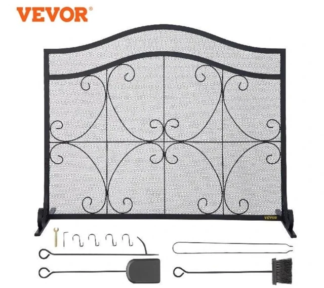 Heavy-duty iron and metal mesh fireplace screen with a magnetic latch, guard 