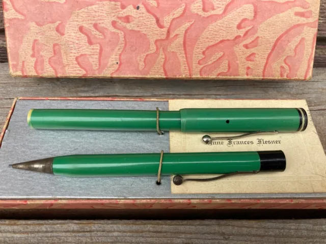 VTG Unmarked Green Fountain Pen & Mechanical Pencil Set w Box 14 K Plated nib 2