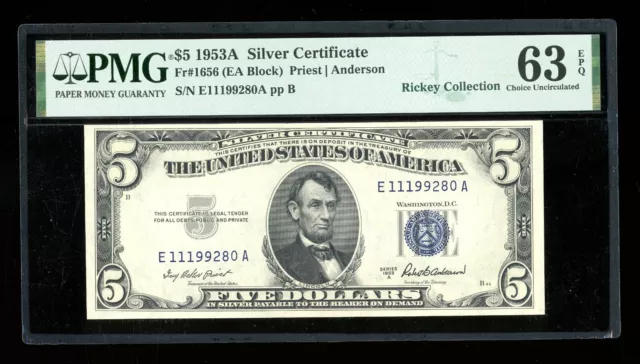 DBR 1953-A $5 Silver Fr. 1656 EA Block PMG 63 EPQ Serial E11199280A