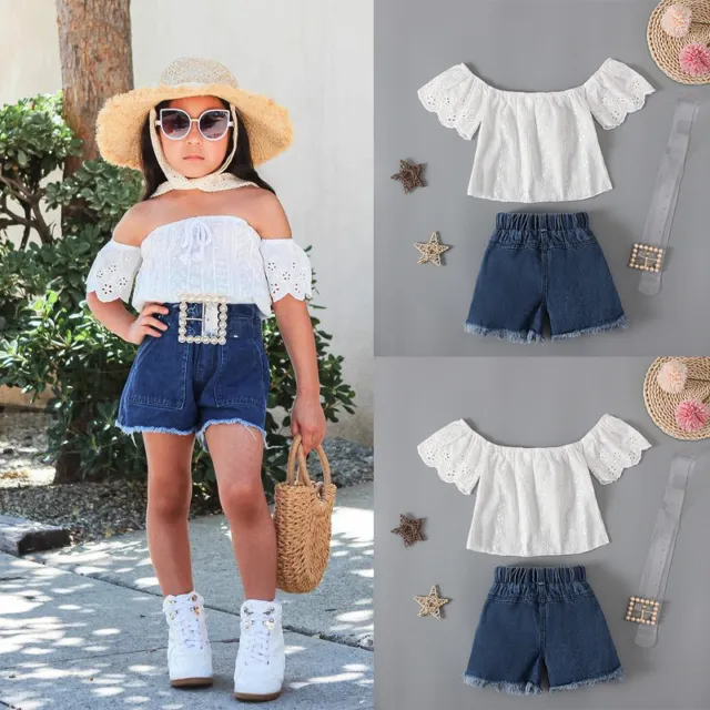Toddler Baby Girls Lace Outfits Off Shoulder Tops Jean Shorts Belt Set Clothes