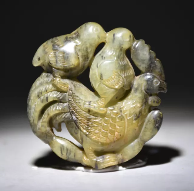 2" Chinese Hongshan Culture Old Jade Carving 3 Chickens Statue Pendant Amulet