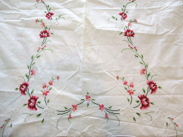Vintage Tablecloth Cross Stitch Pink Rose Crochet Lace Cutwork Battenburg White