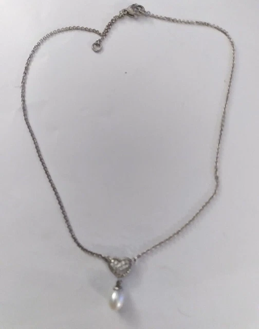 JUDITH RIPKA Sterling Silver Pearl Dangle / CZ Heart Necklace 18” to 20” adjust