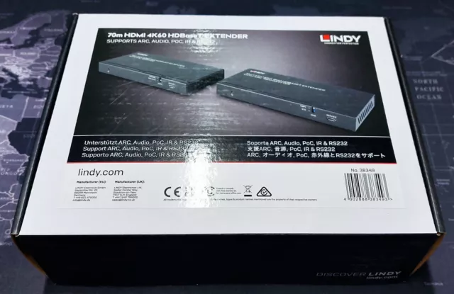 LINDY 70m Cat.6 HDMI 4K60, Audio, IR & RS-232 HDBaseT Extender mit ARC ~ 38349