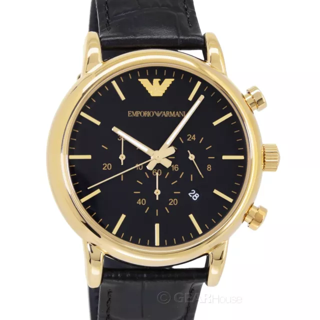 Emporio Armani Mens Gold Chronograph Watch, Black Dial, Croco Leather Strap