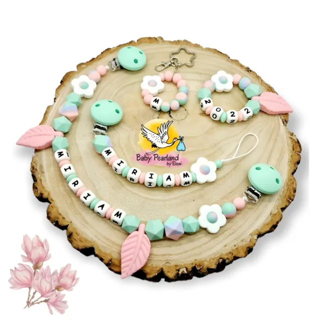 Babyset Schnullerkette mit Namen (4 Teile) ♡ Silikon ♡ Mädchen ♡Geschenk ♡ Blume