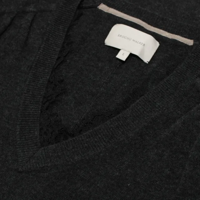 Brochu Walker NWT V-Neck Sweater w/ Lace Trim Size L in Gray Wool/Cashmere Blend