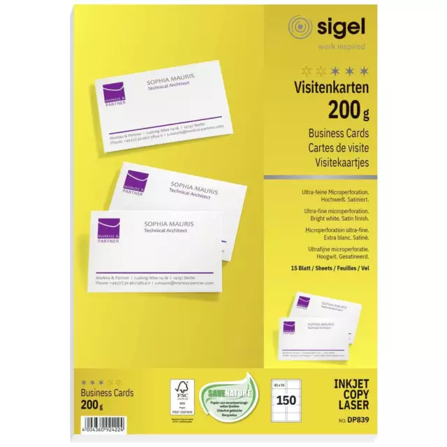 Sigel DP839 Cartes de visite imprimables, microperforées 85 x 55 mm très blanc