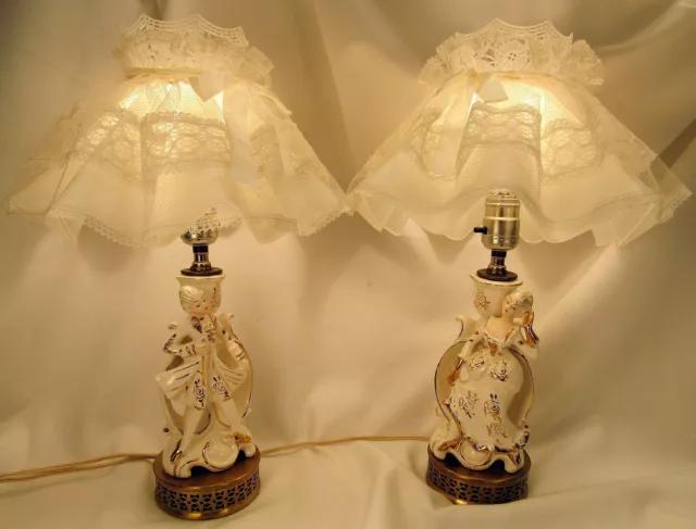 Vintage Pair French Provincial boudoir Style Man Woman Figures Table Lamps shade