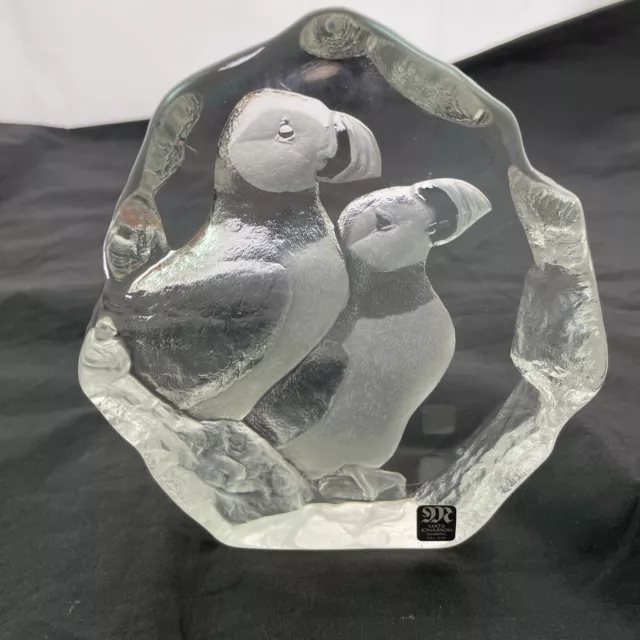 Mats Jonasson Sweden Full Lead Crystal Puffin Pair Paperweight