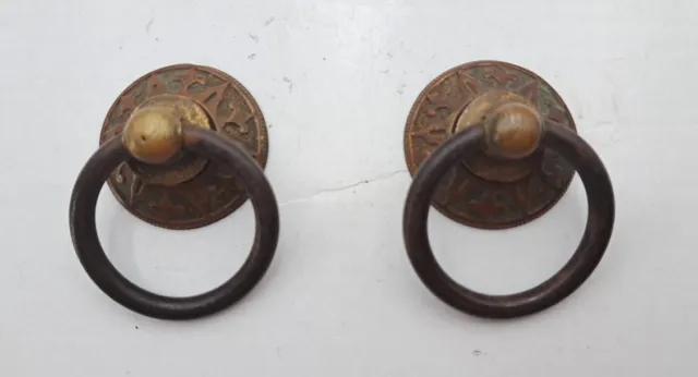 Victorian Eastlake Drop Ring Drawer Pulls Drop Knobs Brass Hardware Lot of 2