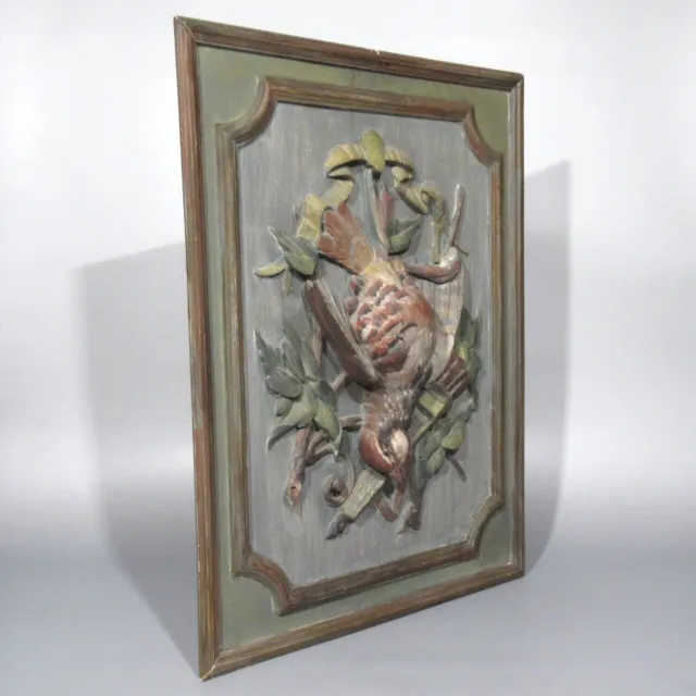 Antique French Hand Carved Painted Wooden Panel High Relief Still Life Partridge 3