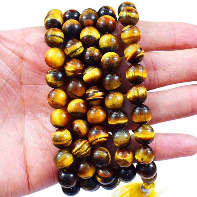 810.00 Cts Natural Golden Tiger Eye 108 Beads Prayer Mala Necklace NK 30E126