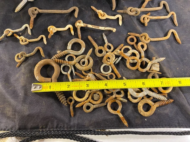 Vintage lot Metal Door Latch Hooks Barn Gate Locks Eyelets Threaded Steel Catch 10