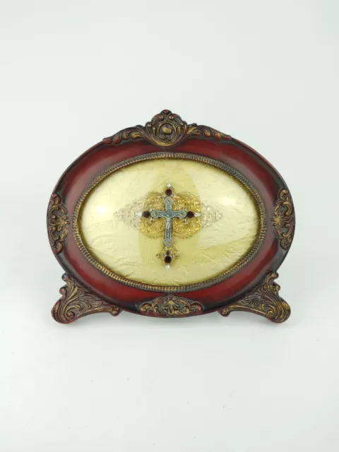 Oval Ornate Wooden Frame Red Velvet Convex Glass Christ Crucifix HTF Lovely