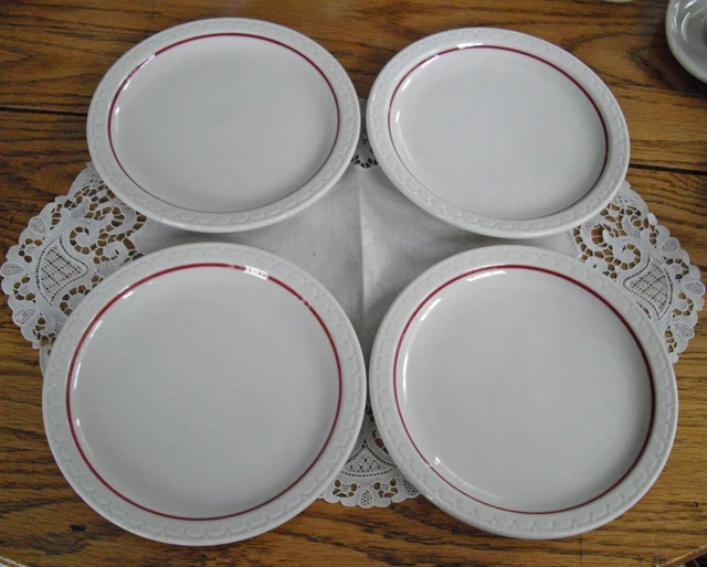 Vintage Syracuse China Railroad  CARDINAL RED LINE Econo-Rim 6" Plates ~Setof4