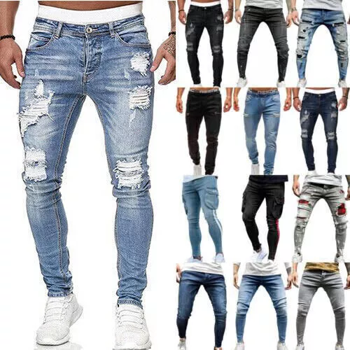 MENS SKINNY RIPPED Jeans Stretch Denim Distressed Frayed Slim Fit Pants ...