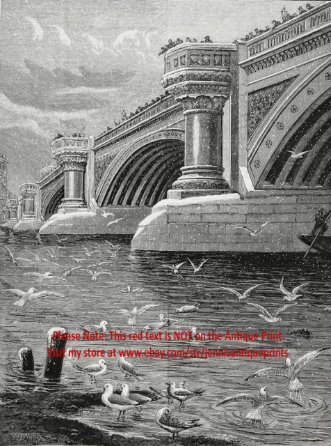 England London Thames Blackfriars Bridge with Seagulls Large 1890s Antique Print