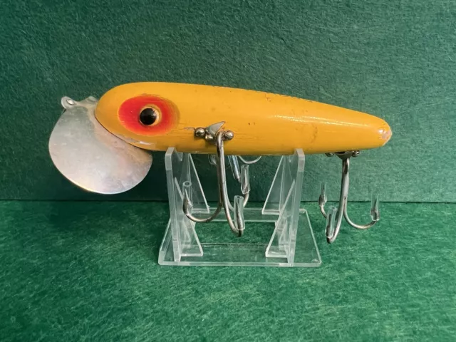Vintage Fishing Lure Fred Arbogast Wood Musky Jitterbug in Yellow 2