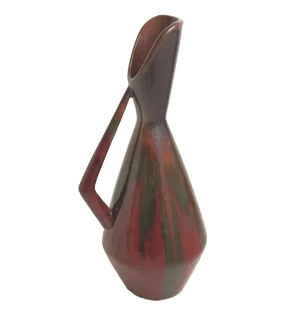 Vintage Mid Century Ceramic Art Vase Pitcher Ewer Burgundy Drip Glaze 13.5"