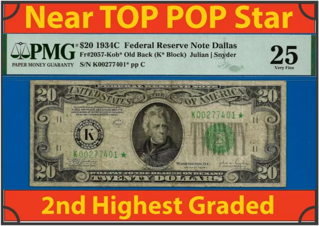 Near TOP POP ✅ 1934-C $20 FRN ➡️ 2nd Finest 🔴 Dallas STAR ⬅️ PMG 25 - K0277401*