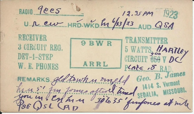 Vintage Ham Radio Qsl Cards 1923  9Bwr   Sedalia, Mo.