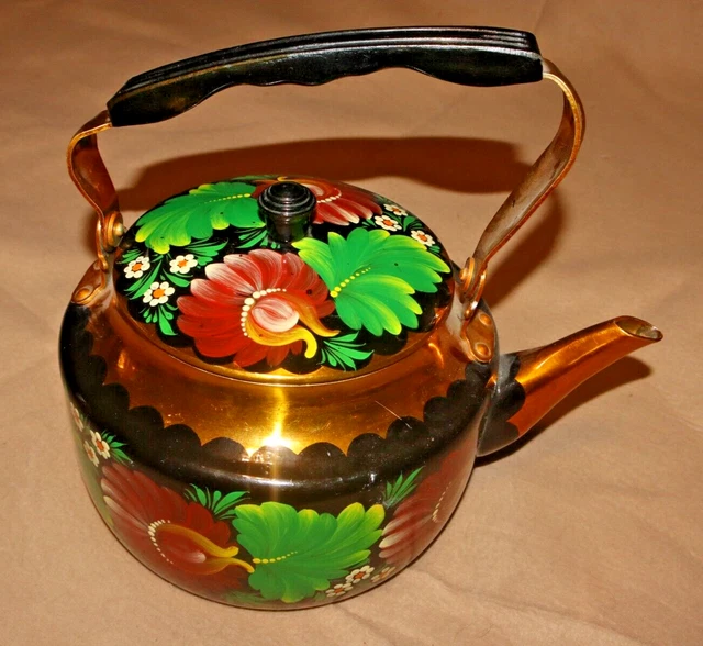 1970s Vintage Russian Soviet Hand Painted Aluminium Teapot