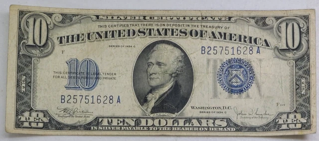 1934 A $10 Circulated Silver Certificate Blue Seal 628A