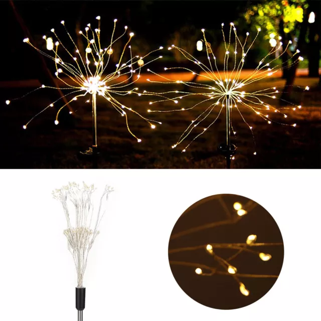 (Warm Light)2Pcs Outdoor 150LED Solar Firework Light Spike Lawn Lamp For Cour SD