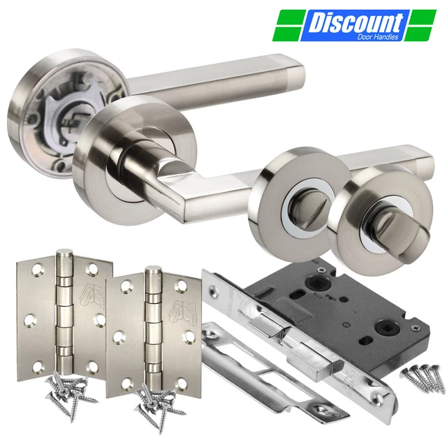 Bathroom Door Handle Pack with Straight Lever Door Handles, Lock, Turn & Hinges