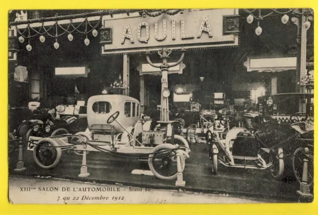 cpa RARE FRANCE PARIS XIIIème SALON de l'AUTOMOBILE 1912 Car Show STAND AQUILA