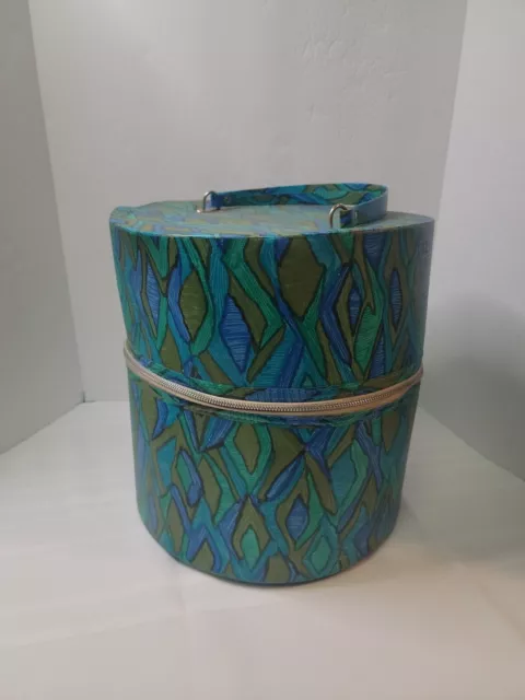 Vintage 60’s / 70's Flower Power Mod Wig Case Hat Box Zippered Travel Case Aqua