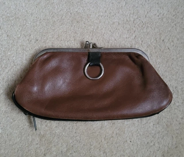 VINTAGE GRAND PORTE Monnaie en Cuir Marron Fermoir Clic Clac Rétro
