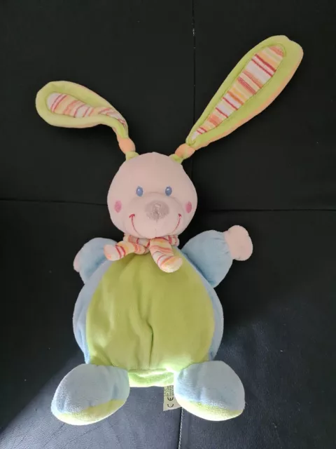 Doudou lapin vert bleu écharpe rayé MOTS D'ENFANTS - Lapin chien