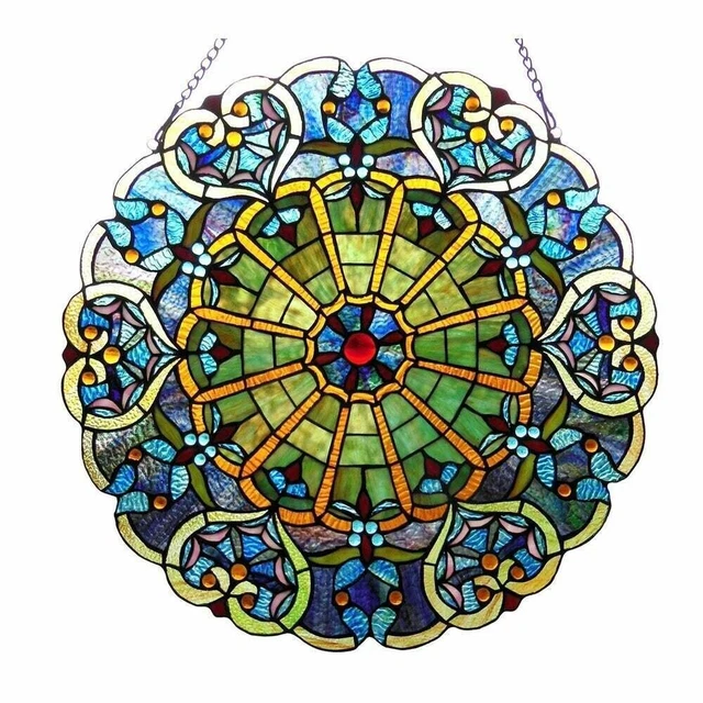 Round Tiffany Style Stained Glass Sky Blue Heart Window Panel Suncatcher