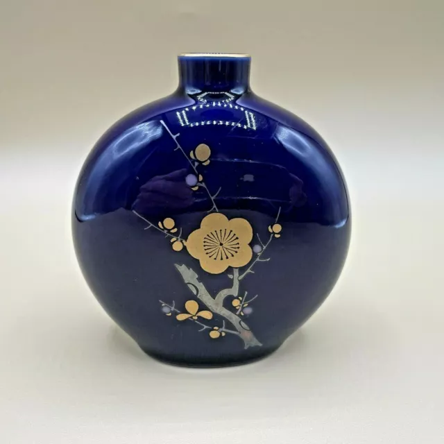 Fukagawa Cobalt Blue Vase Hand Painted Porcelain Gold Guilt Floral Arita Japan