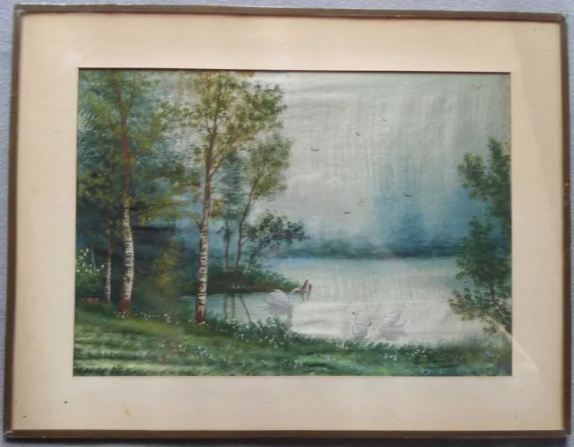 "Schwäne Am See" - Gemälde Auf Seide Gemalt