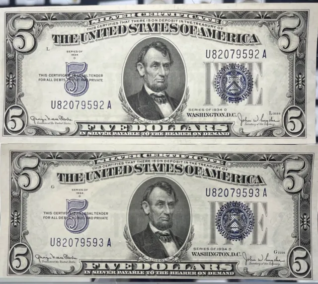 1934-D $5 Five Dollars Silver Certificate Currency Note Choice Uncirculated X2