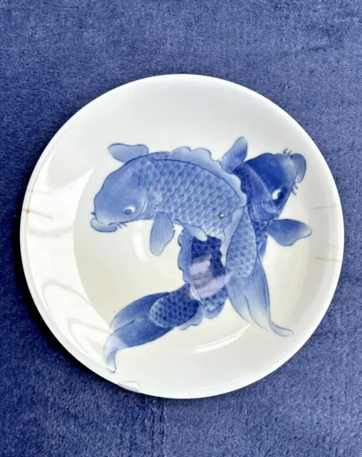 Antique Japanese Taisho/showa blue and white porcelain plate koi fish Hirado