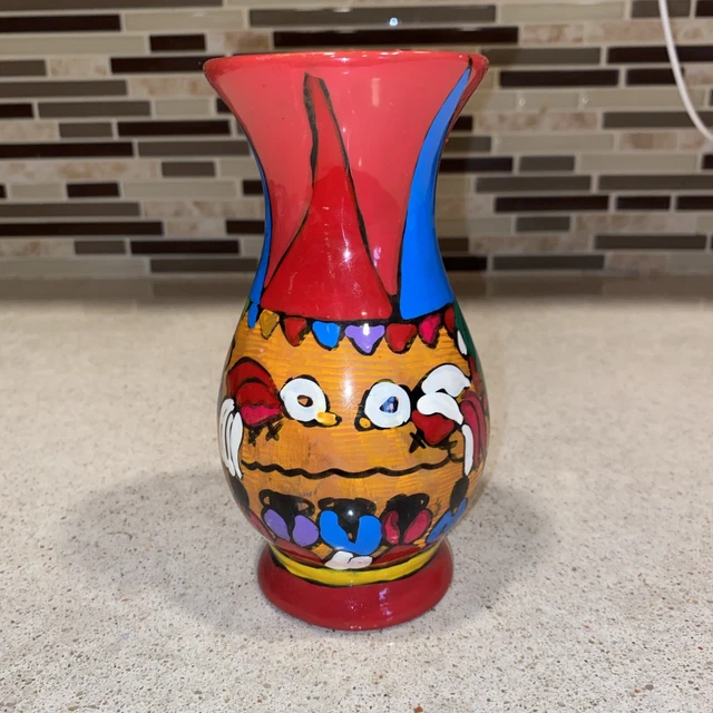 VINTAGE MEXICAN GUERRERO Terra Cotta Cock Fighting? Hand Painted Vase £