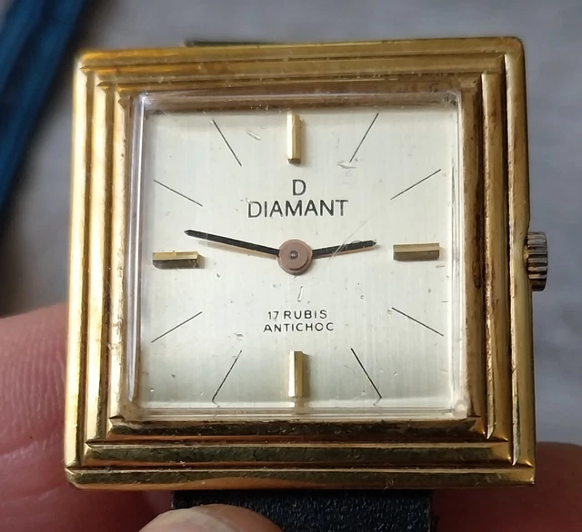 Montre Femme Diamant 17 Rubis - Mouvement Mécanique - Boîtier Plaqué Or, Bracelet Cuir - Occasion
