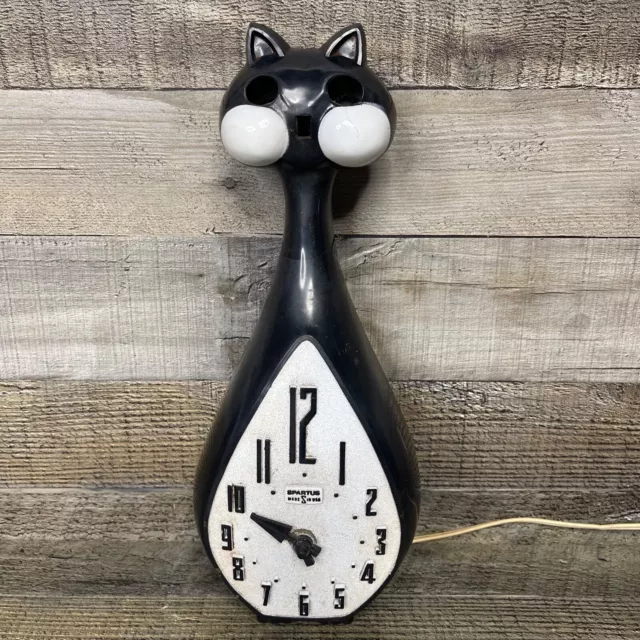 Vintage Spartus Cat Wall Clock Black Kitty MCM 1950