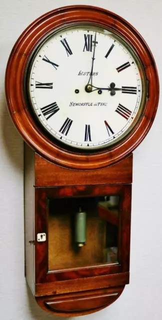 Quality Antique English Listers 8 Day Twin Fusee Mahogany Drop Dial Wall Clock