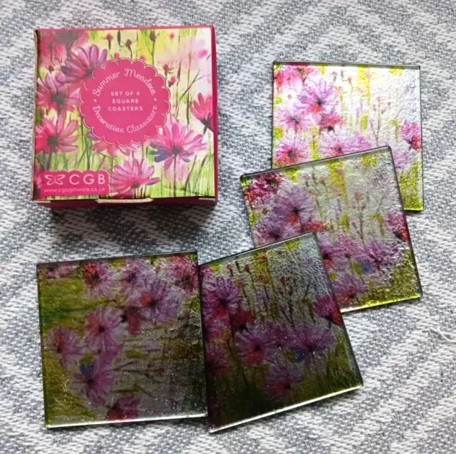 A Set of 4 x Square Summer Meadow Decorative Glassware Glass Coasters