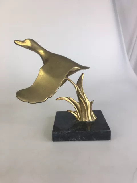 Enesco 7" Brass Duck In Flight Enesco Figurine 1986 w/Marble Base Desk Study MCM