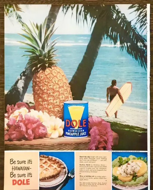 1952 Dole Hawaiian Pineapple Juice PRINT AD Waikiki Beach Surfer Palm Trees