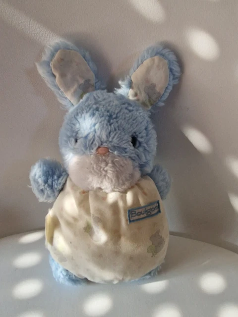 Peluche Doudou Lapin Bleu Blanc Imprimé  Ours BOULGOM Yeux Durs Vintage 20 Cm