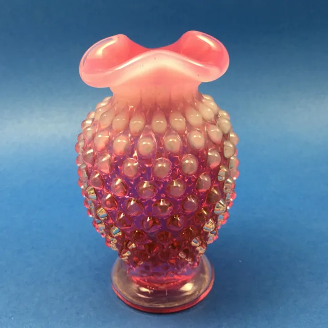 Fenton Art Glass Cranberry Pink Opalescent Hobnail 4" Bud Vase Tri Crimped Rim