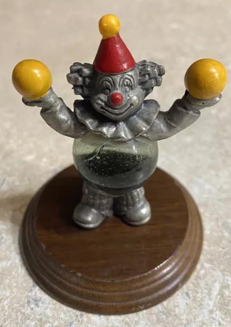 GEORGE GOOD PEWTER JUGGLING CLOWN - WOOD BASE - 3" TALL x 2.4" WIDE - RARE
